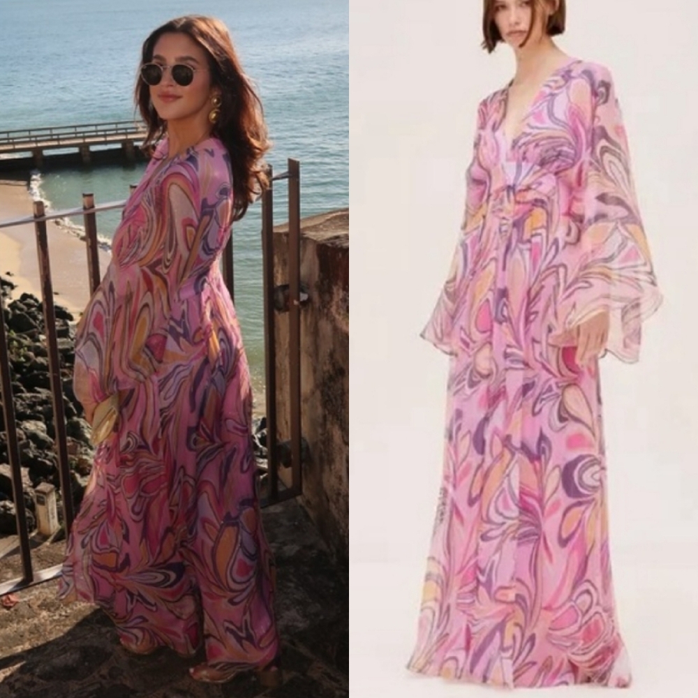 Alexis Sydney Bell Sleeve Silk Empire Maxi Dress Pink Small Altered